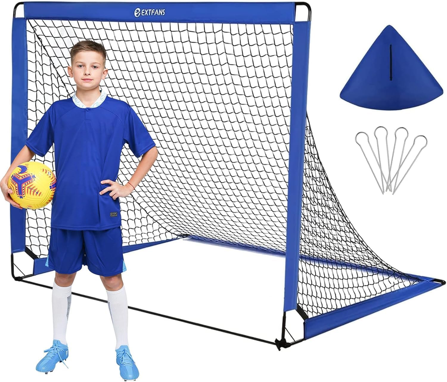 EXTFANS 2-in-1 Football Goal for Kids | Pop Up Soccer Net with Score Targets | Foldable Training Equipment for Indoor/Outdoor | Includes Carry Bag & Stakes (Blue-150 * 120cm)