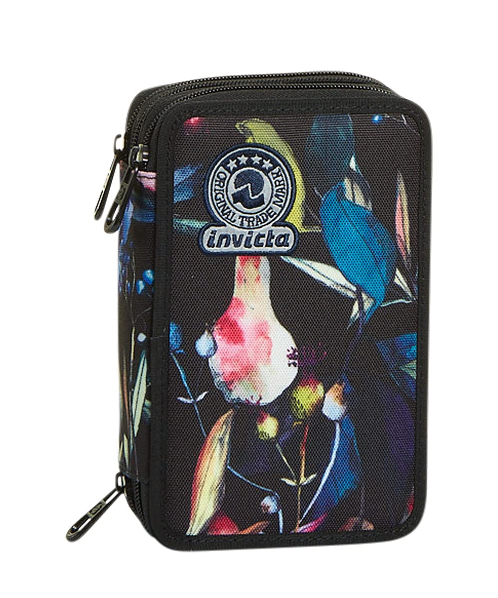 Invicta 3 Compartment Case, Wildflowers, Black, Complete with Pencils, Pens, Markers, etc. School, Elementary and Middle School