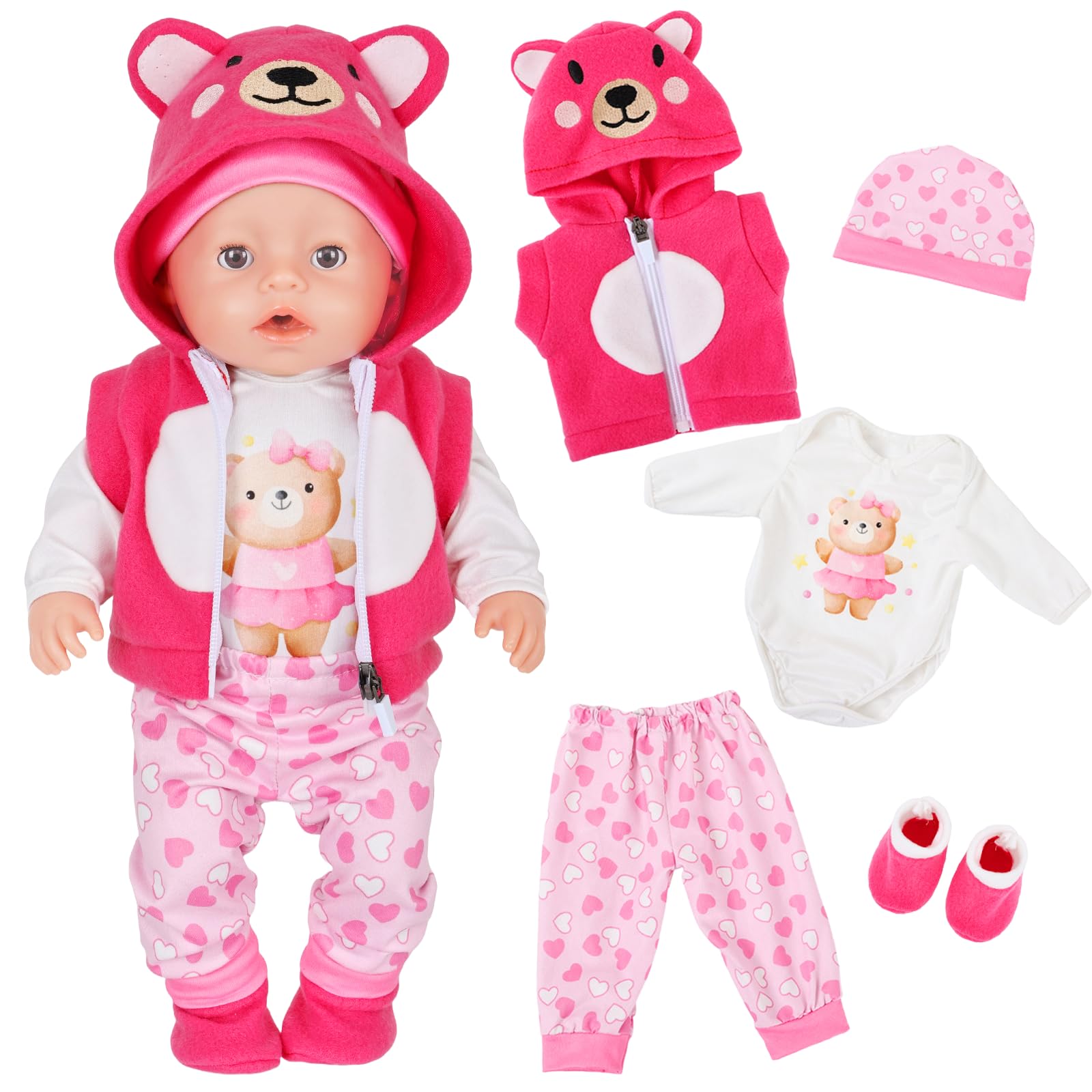 5 Pcs Baby Doll Clothes Set for 14-18 Inch Dolls, Cute Bear Onesie Outfit for 35-43cm Dolls, Jacket + Bear Bodysuit + Pants + Socks + Bear Hat - Cute Cartoon Doll Clothes Gifts for Girls Boys