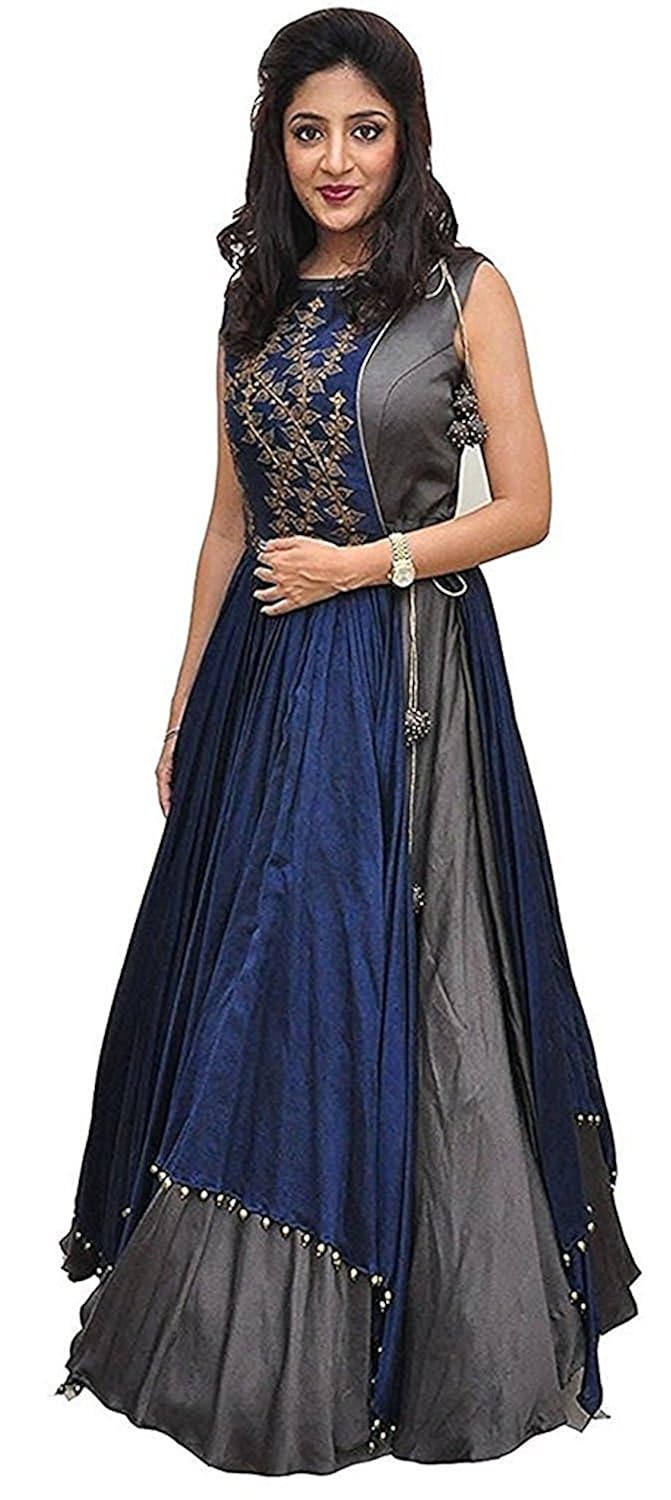 shree kuldevi creation women's cotton silk semi-stitched gown (free size) grey