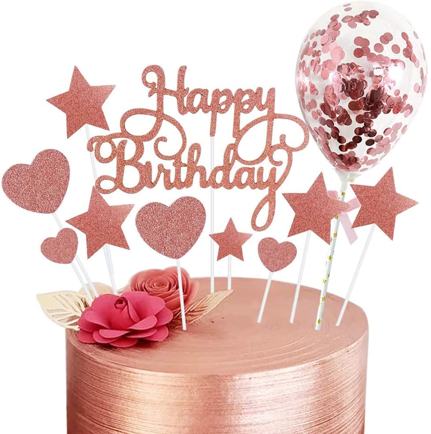 Bessy Shop Happy Birthday Cake Topper Set, Rose Gold, 12 Count, Star Heart Cupcake Topper, Birthday Party Cake Supplies