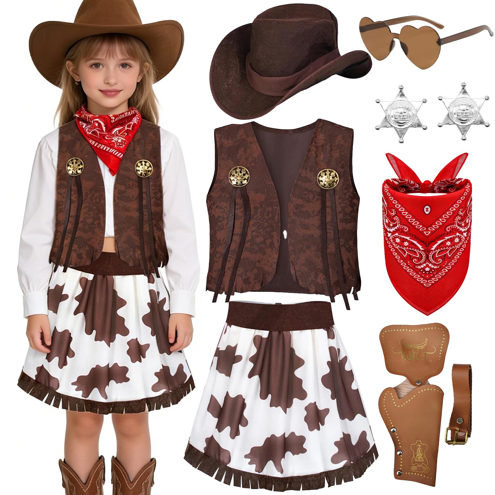 Wynlora Cowgirls Costume Western Cowboy Fancy Dress Up with Waistcoat Skirt Hat Paisley Bandanna Holster Belt Sheriff Badge Sunglasses Wild West Cowgirls Outfit Kit for Cosplay(L)