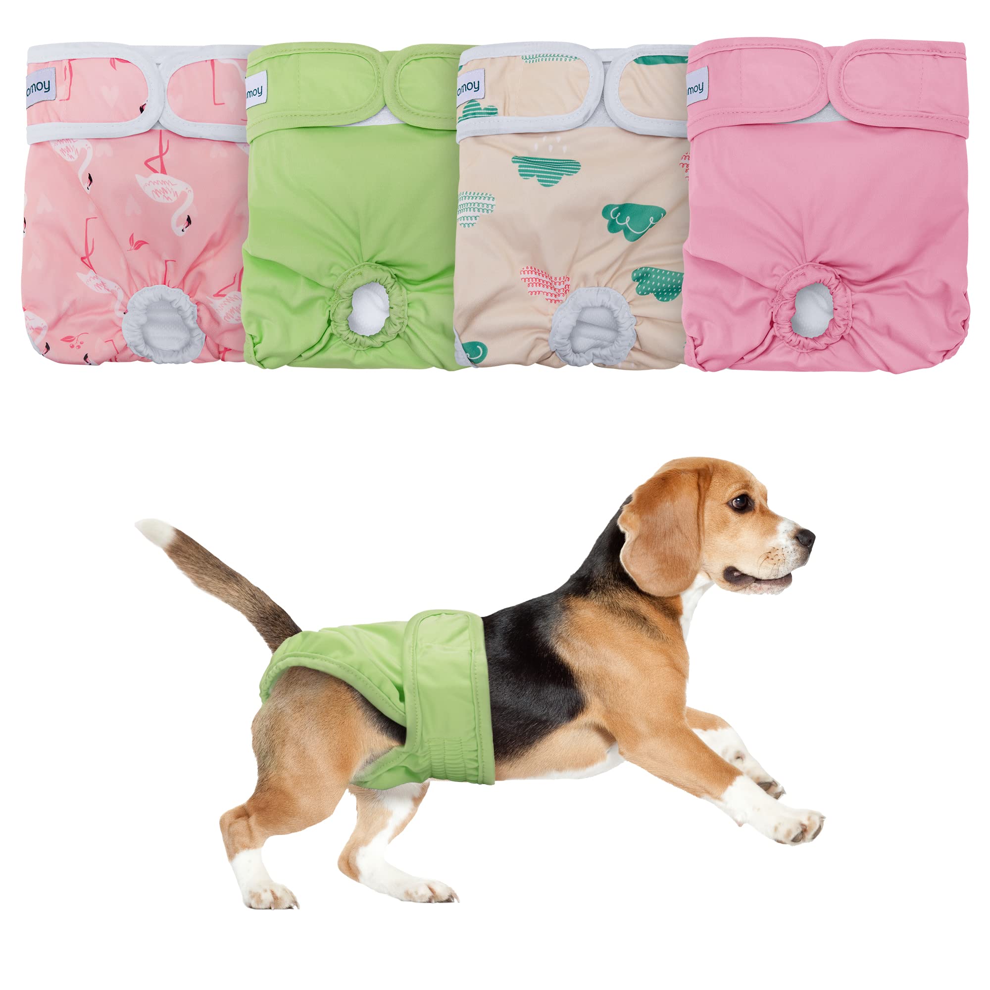 Teamoy 4 Pack Reusable Female Dog Diaper, Washable Doggie Diaper Nappies for Female Dogs, Super Absorbent Sanitary Wraps Panties (L1,Pink +Green +Cloud +Flamingo)