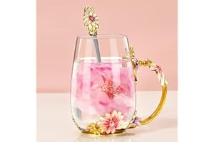 Wisolt Birthday Gifts for Women Mothers Day Gifts for Mom Enamel Glass Tea Cup Gifts for Her Mom Grandma Teacher Friend Anniversary Christmas Valentines Day Glass Coffee Mug with Spoon