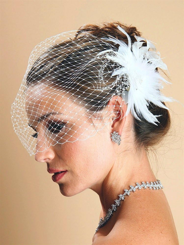 French Net Birdcage Visor Veil with Two Feather Fascinators- WHITE