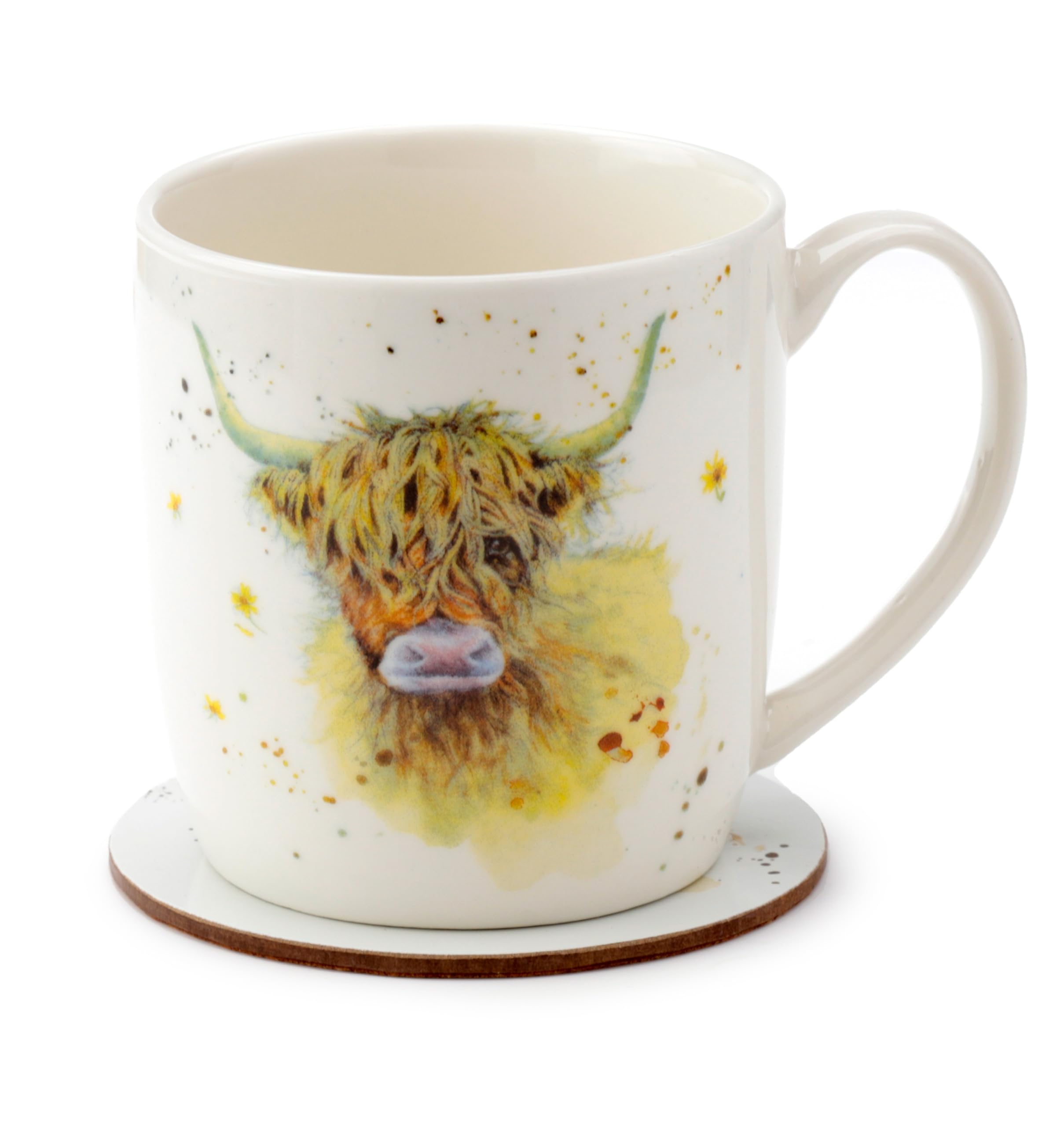 Puckator Jan Pashley Highland Coo Cow Porcelain Tea Coffee Mug & Coaster Set - Funny Home Accessories Cute Gifts for Girlfriend Large Mugs for Men Women Hot Drinks Cups Presents Secret Santa Gift