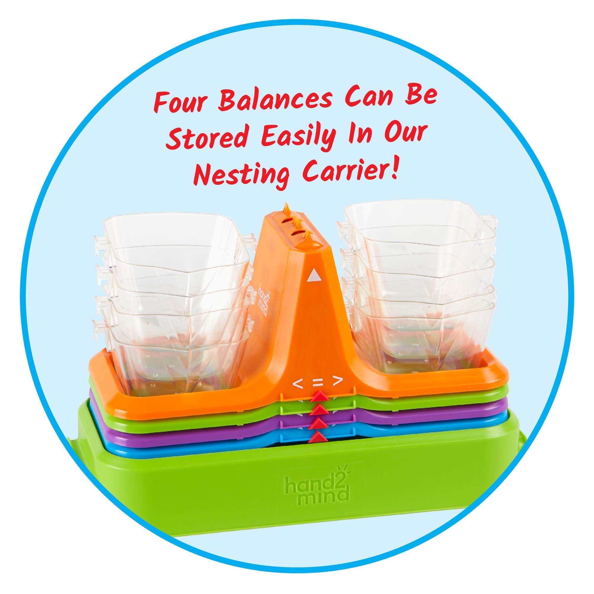 hand2mind Colorful Nestable Bucket Balance, Clear Double Bucket Balance Scale for Liquids and Solids, Easy to Assemble Kids Scale, Space Saving Storage Base, Balance Scale for Classroom (Set of 4)