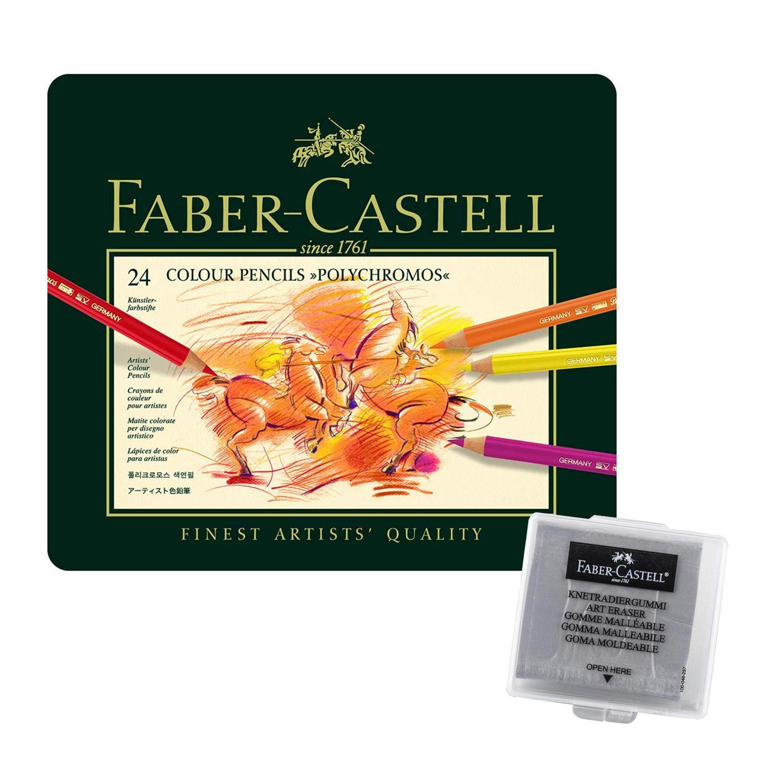 Faber-Castell 110024 Artist's Colouring Pencil, 24 Polychromos Pencils in Metal Case, Includes Eraser