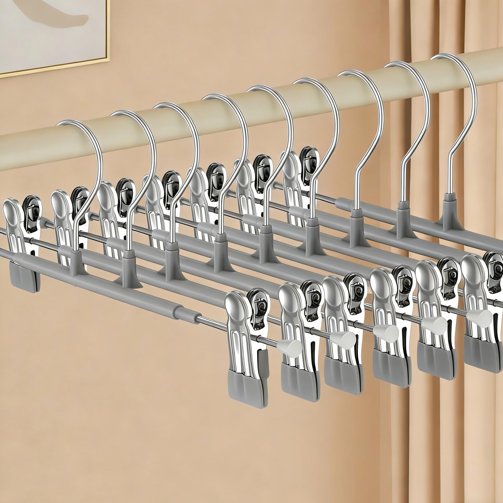 Trouser Hangers -10Pack Skirt Hangers with Adjustable Non Slip Clips Strong Chrome Clothes- Space Saving Pant Hangers (Grey)