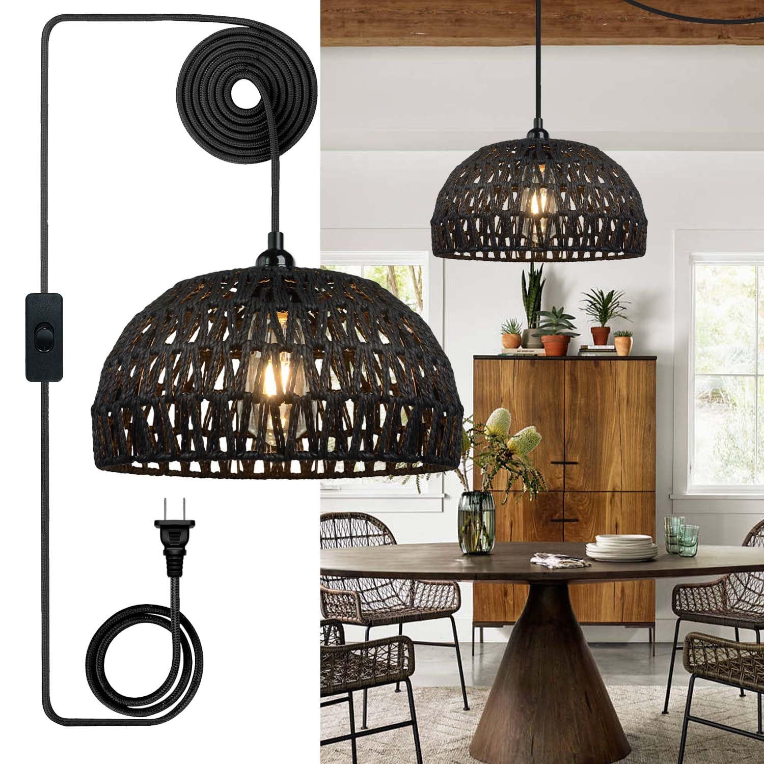 Photo 1 of 1 pc Hand-Woven Wicker Ceiling Light shade only (Black)