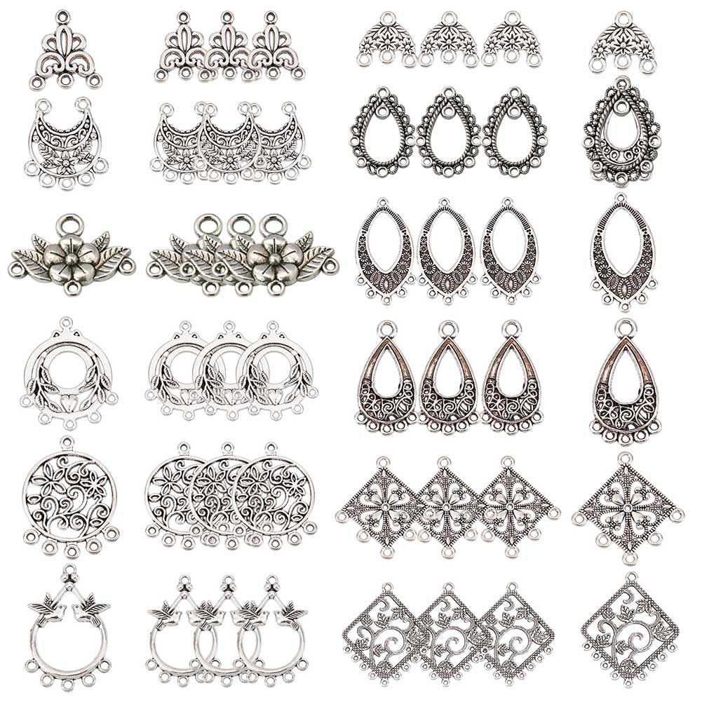 SUNNYCLUE 1Box 48Pcs 12 Style Tibetan Flower Alloy Chandelier Connector Charms Findings Teardrop Hat Oval Components Links for Earring Drop and Charm Pendant, Antique Bronze