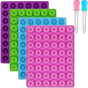 Palksky (4 PCS) Donut silicone Gummy Mold/ Mini Donut Pan/Ring Gummy Candy Mold for Chocolate Jelly Ice Cube Pralines Caramels Ganache Snacks(with 2 Droppers)
