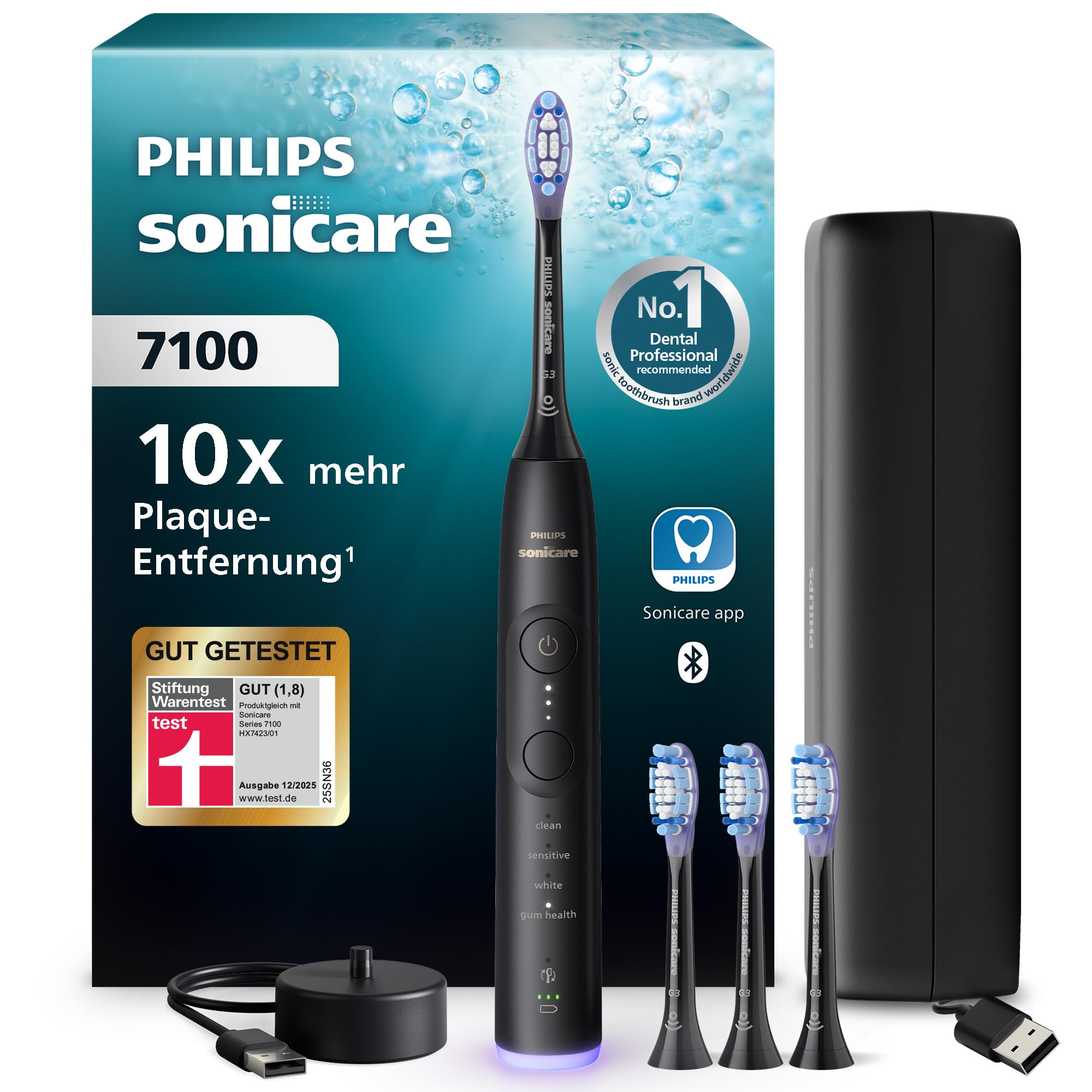 Philips Sonicare 7100 elektrische Zahnbürste, Schallzahnbürste mit App, 4 Putzmodi und 3 Intensitätsstufen, Andruckkontrolle, EasyStart, SmarTimer, Schwarz, Modell HX7421/08 [Neue Technologie]