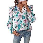 SHEWIN Women's Blouses Split V Neck Mixed Floral Print Long Sleeve Chiffon Fall Tops Striped Trim Shirts