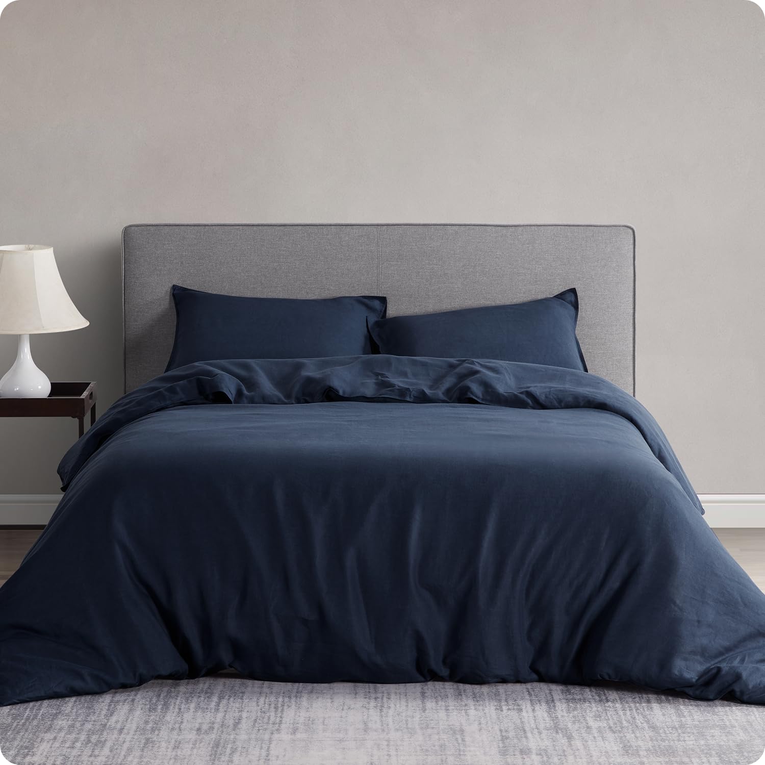 Photo 1 of DAPU 100% Linen Duvet Cover Set - Pure Natural French Flax Linen with Corner Ties and Zipper Closure Soft Breathable Durable for Hot Sleepers 1 Duvet Cover 2 Pillowcases (Navy Blue, King)