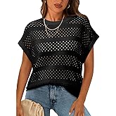 Sidefeel Womens Crochet Tops for Women Cap Sleeve Knitted Summer Sweater Pullover Cute Beach Vacation Clothes