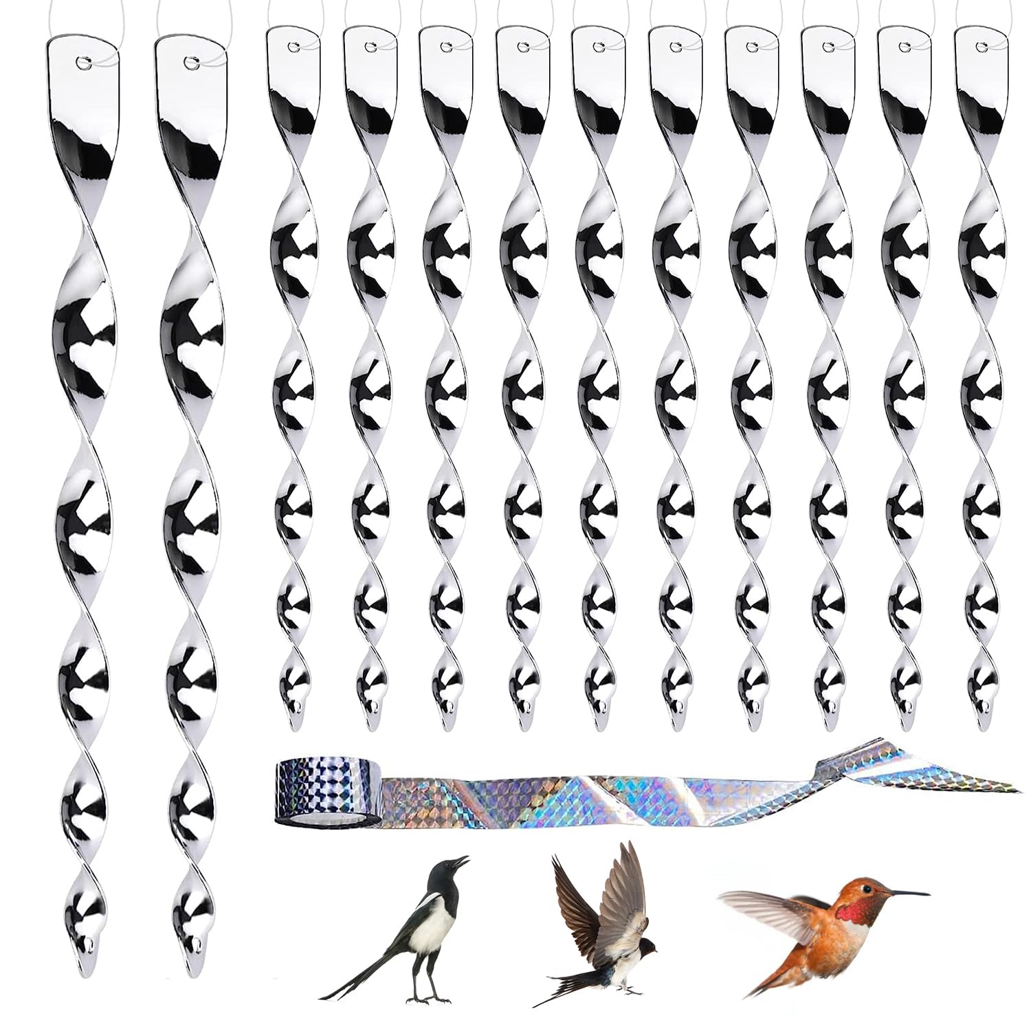wadafen 12Pcs Reflective Bird Deterrent Rods, 80m Bird Scare Tape,Bird Repellent Wind Twisting Reflective Scare Rods,Hanging Bird Scarer Rods, Keep Birds Away From Your Home, Garden, Patio