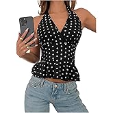 MakeMeChic Women's Polka Dots Halter Tops Summer V Neck Tie Back Wrap Shirt Sleeveless Crop Tops