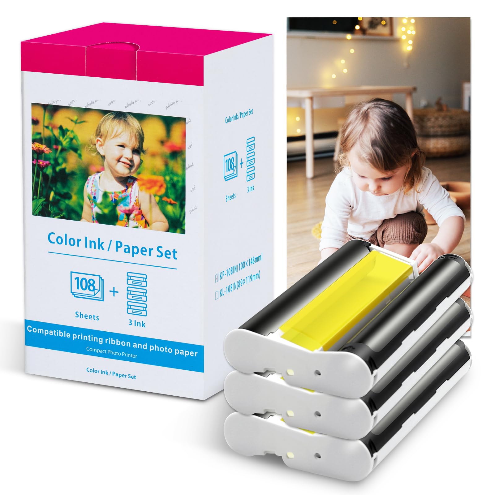 Compatible for Canon Selphy CP1500 CP1300 CP1000 Ink and Paper Set, KP-108IN 108 Sheets Glossy Photo Paper 100 x 148mm + 3115B001(AA) 3 Color Ink Cartridge Cassette for Selphy CP1200 CP790 CP810 CP910