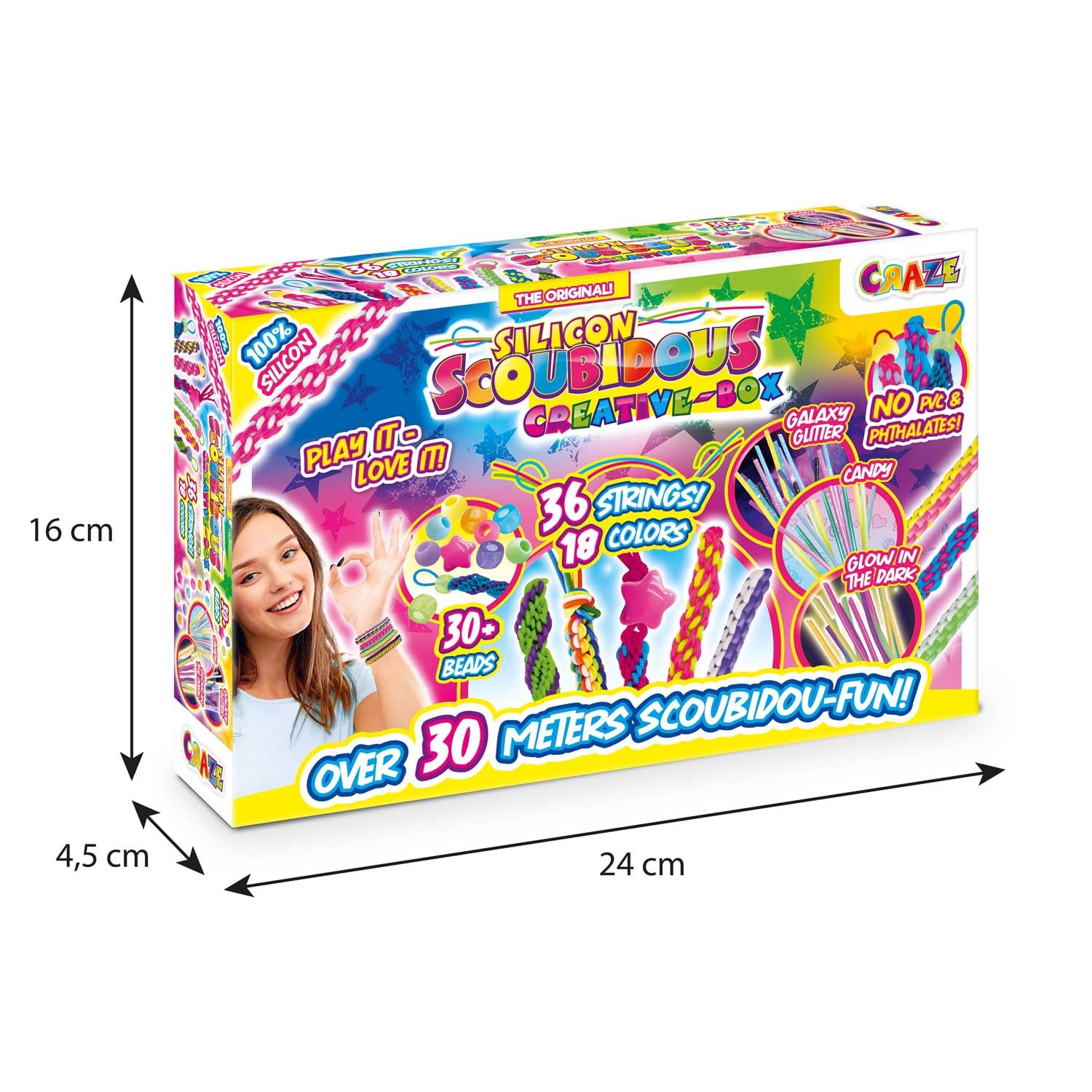 CRAZE SCOUBIDOU Bänder Kreativ Box – 36 Silikon Skubidubänder inkl. 30+ Anhängsel & Perlen – Scoubidou Bänder Glitzer, Neon & Candy – Kinder Bastelset, Creative Box, 36 Farben 6