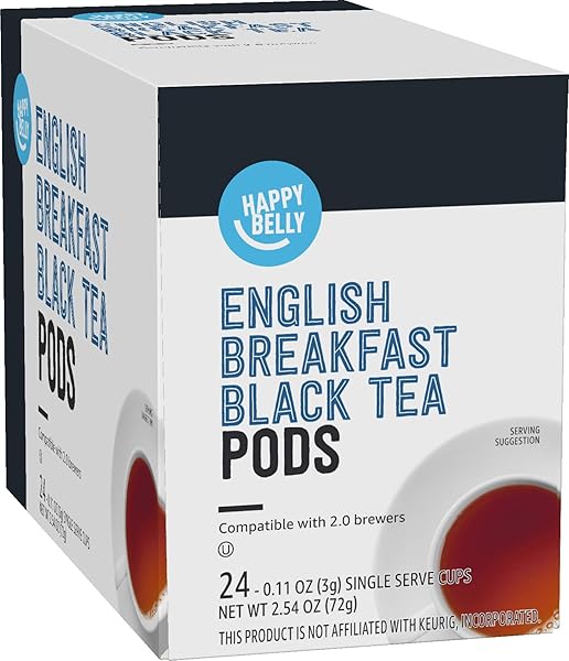 AMAZON BRAND – HAPPY BELLY TEA PODS, ENGLISH BREAKFAST, 24 COUNT, COMPATIBLE WITH 2.0 K-CUP BREWERS