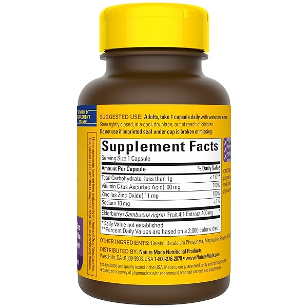 NATURE MADE ELDERBERRY, VITAMIN C AND ZINC CAPSULES, 400 MG ELDERBERRY EXTRACT, DIETARY SUPPLEMENT FOR IMMUNE SUPPORT, 60 CAPSULES, 60 DAY SUPPLY