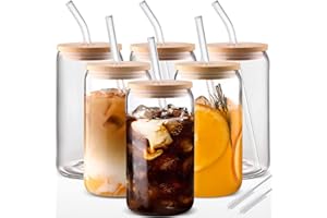 DWTS DANWEITESI Glass Cups with Lids and Straws 6pcs,Iced Coffee Cups with Lids 16oz-DWTS Cute Tumber,Beer Drinking Glasses,Clear Tea Cup with Bamboo Lids for Gifts