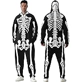 Men's Halloween Skeleton Costume, Deluxe Comfy Easy for Adult Double Sided Skeleton Jumpsuit with Hood