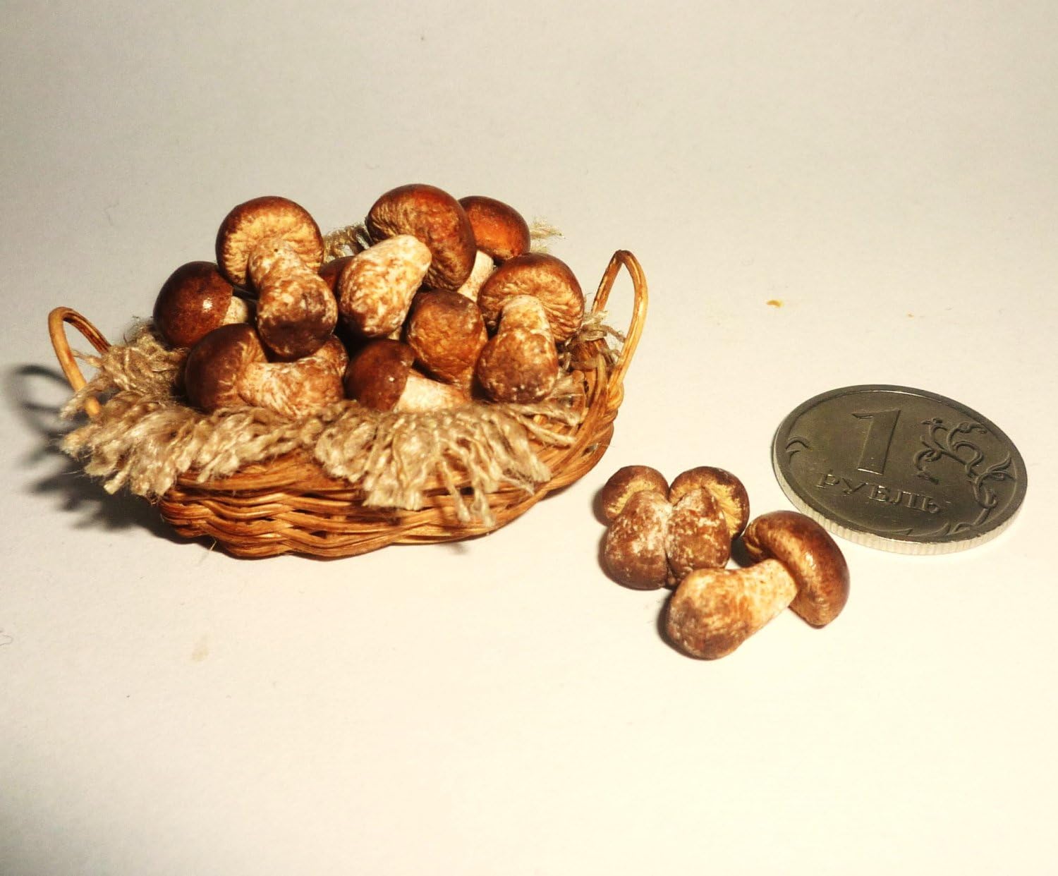 Basket with mushrooms, mushrooms. Dollhouse miniature 1:12