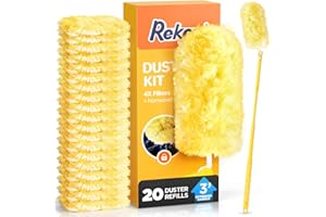 REKOPI Heavy Duty Duster Refill Kit for Swiffer Duster with 3 ft Extension Pole & 20 Count Refills, 4X Microfibers Multisurface Dusters for Cleaning Home, Celling Fan, Blinds, Vent & Shelves