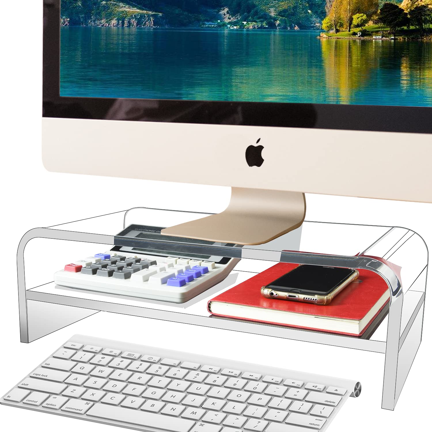 2 Tier Acrylic Monitor Stand Riser - 16 Inch Desktop Organizer With Keyboard Storage