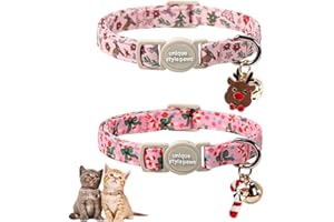Christmas Cat Collar,Unique Style Paws Kitten Collars,Cute Pink Cats Collar with Bell,AdjustableKitten Collar Breakaway Buckle with Candy Cane,Reindeer Pattern,Ideal Gift for Boy Girl Cats