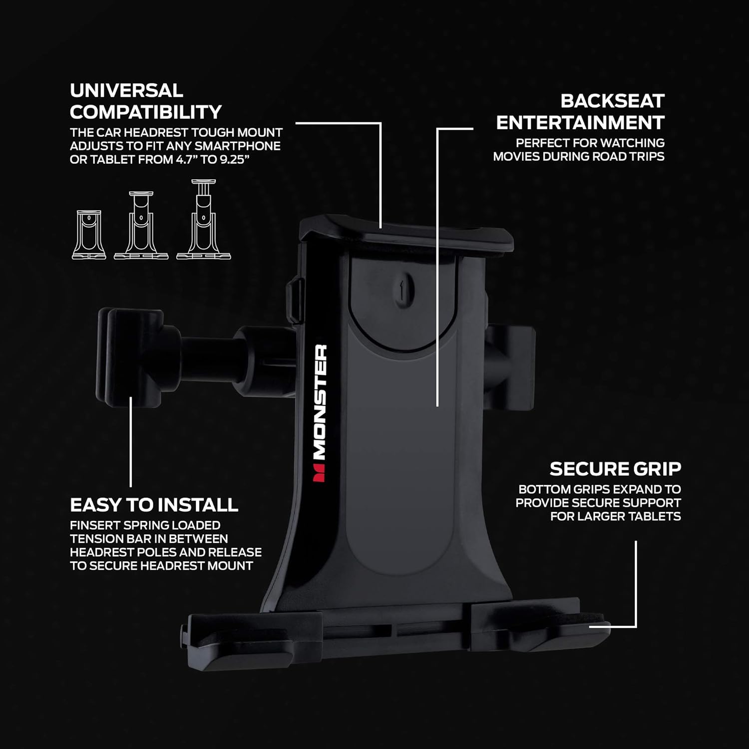Monster Car Headrest Mount for Smartphones and Tablets (Apple iPhone & iPad Series, Samsung Galaxy Series, Google Pixel Series, LG & More)