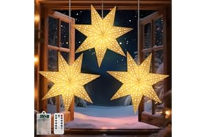 Lewondr Christmas Paper Star Lantern 3 Pack, Hanging 7-Pointed Star Lights with Hollowed Stars, LED Paper Lanterns with 6H Timer for Holiday Home Decoration, with Remote Control, Warm Light
