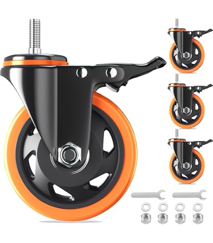 Finnhomy Swivel Caster Wheels 5 Inch Threaded Stem Casters Set Of 4 Heavy Duty 1/2"-13 X 1" With Brake Polyurethane Industrial Locking Castors Wheels - View #2