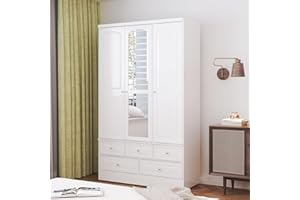 Hitow Armoire Wardrobe Closet with Mirror, 3-Door Wardrobe Closet with Hanging Rod, Drawers & Shelves, Free Standing Armoires Wardrobe Cabinet Clothes Organizer for Bedroom, White