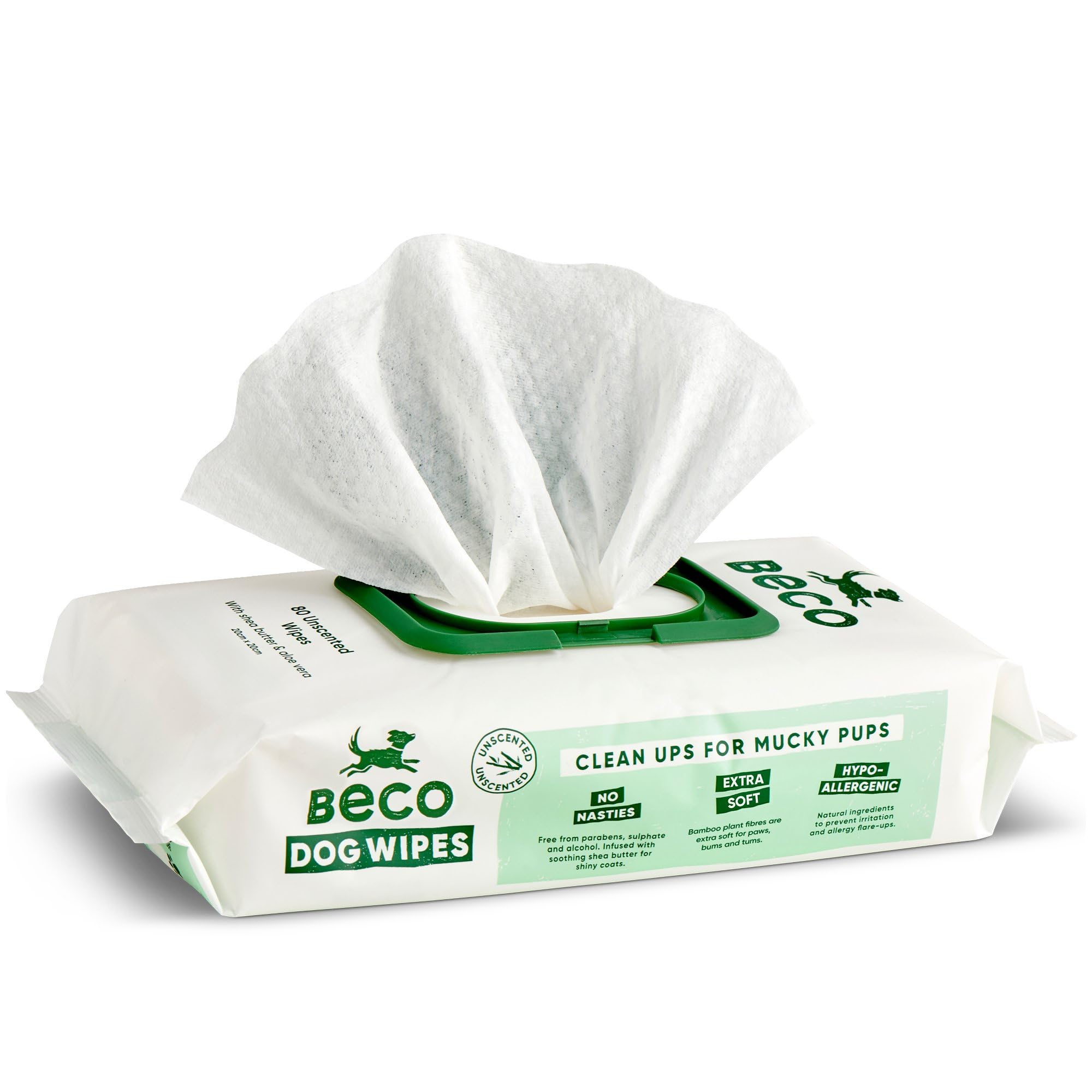 Beco Dog Wipes - 1 Pack of 80, Unscented, For Paws, Body and Bum, Plant-Based Grooming Wipes