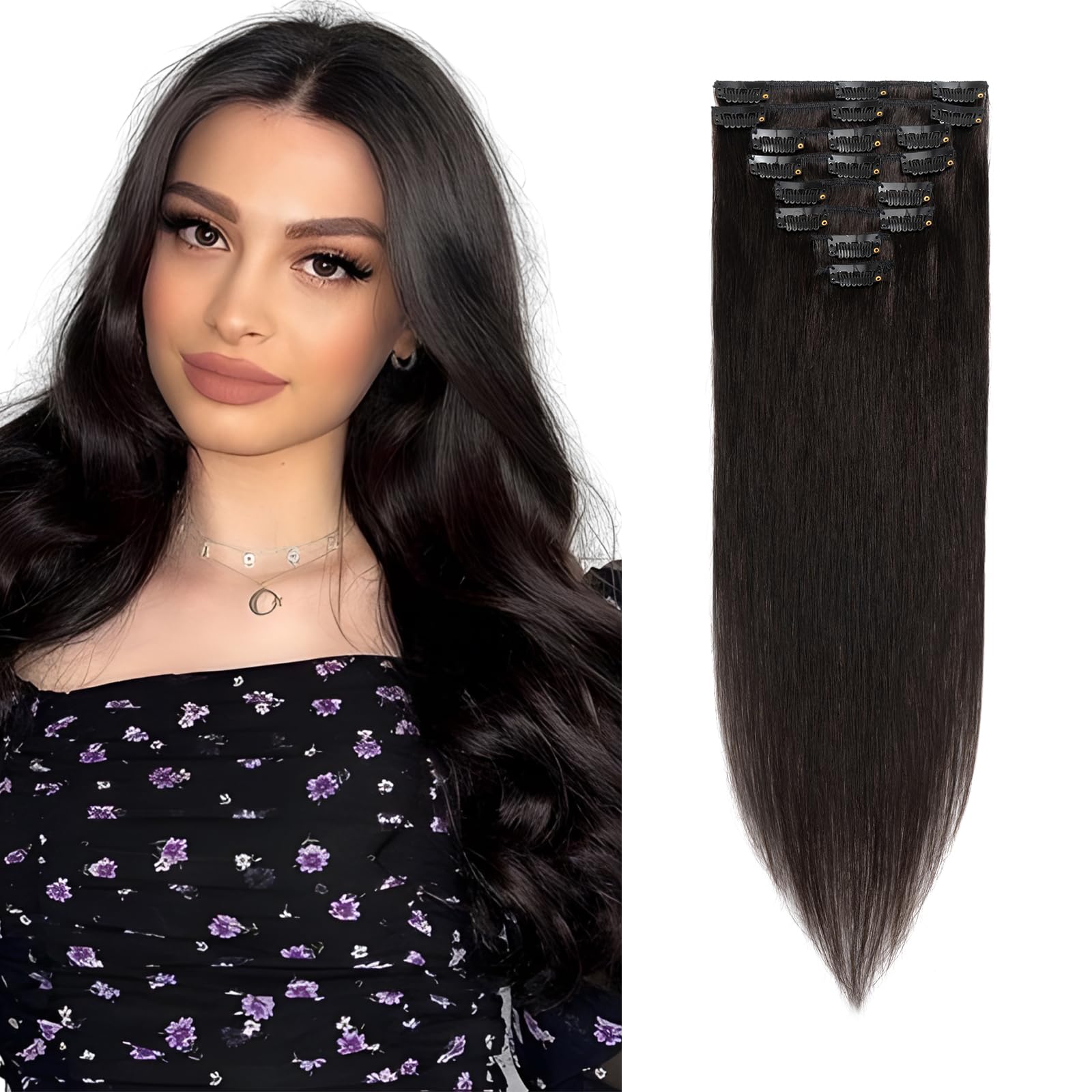 Hair Extensions Clip in Black Remy Human Hair Extensions 24 Inch Straight Clip in Human Hair 8pcs Seamless Real Natural Hair, 80g #1B Natural Black — image 1