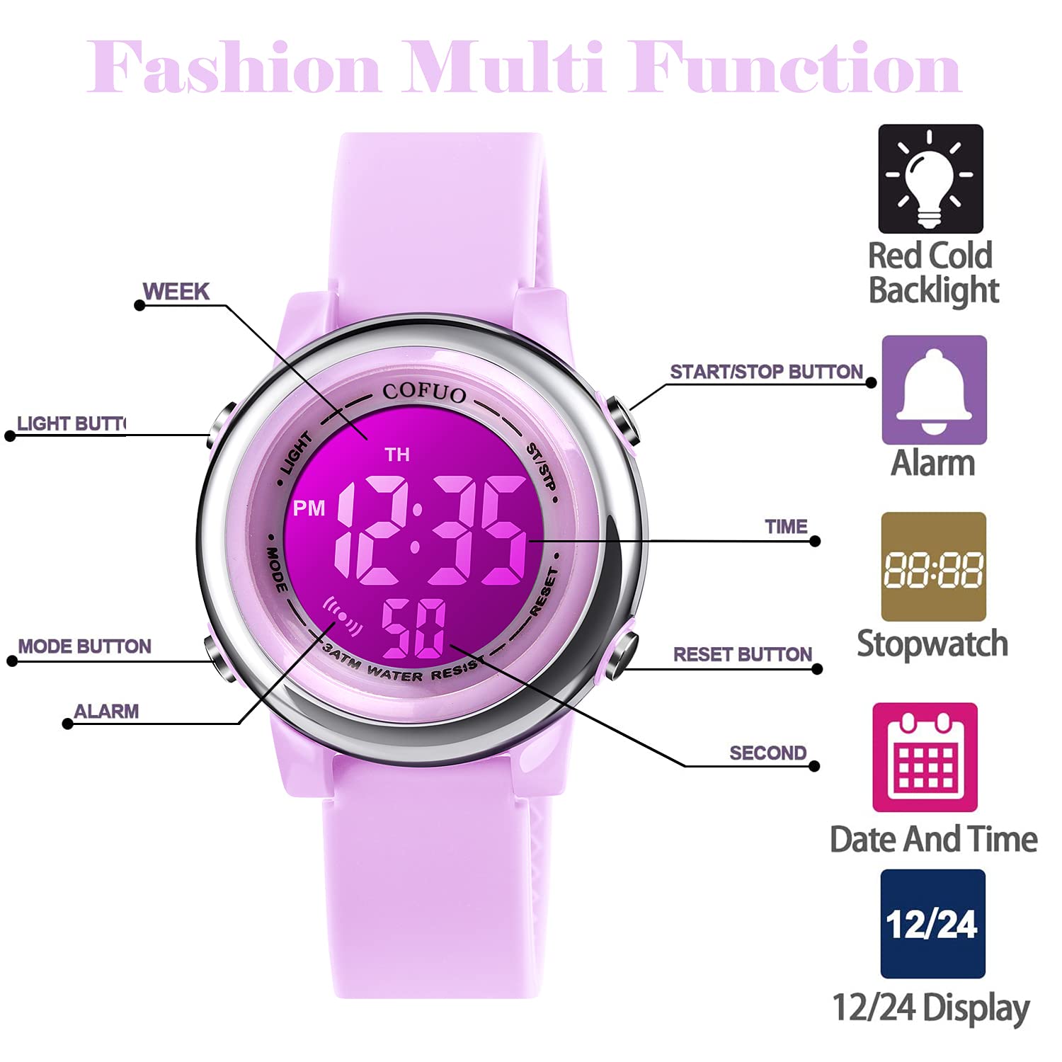 cofuo Kids Digital Sport Waterproof Watch for Girls Boys, Kid Sports Outdoor LED Electrical Watches with Luminous Alarm Stopwatch Child Wristwatch