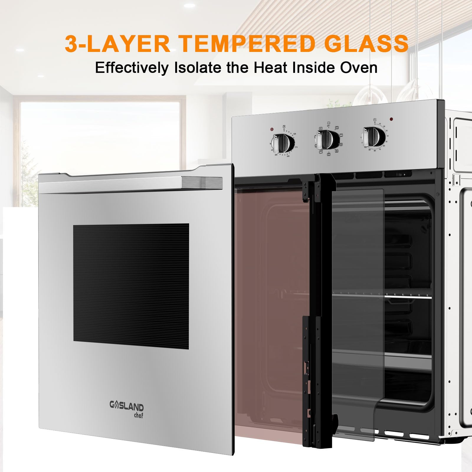 Electric Wall Ovens 24 Inch, GASLAND ES609MS Built-in Electric Wall Oven, 240V 3200W 2.3Cu.ft Convection Oven with Rotisserie, 9 Cooking Modes, Mechanical Knob Control, Stainless Steel