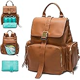 MOMINSIDE Diaper Bag Backpack with 14 Pockets, Leather Baby Bag, pañaleras para bebe Baby Registry, 4 Insulated Pockets, Changing Pad, Stroller Straps (Brown)