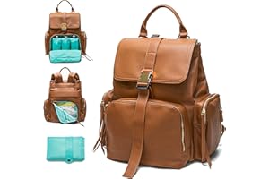 MOMINSIDE Diaper Bag Backpack, Leather Backpack with 14 Pockets, Baby Bag Travel Backpack Baby Registry, Large Capacity, Chan