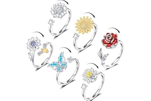 ZOERAY 6 Pcs Fidget Anxiety Rings for Women Adjustable Open Rings Rotatable Rings Calming Mood Rings Cubic Zirconia Butterfly Flower Sunflower Rose Stackable Ring Set Relieve Stress