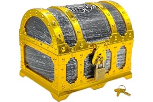 HOPELJ Kids Pirate Treasure Chest,Golden Border Plastic Treasure Chest Storage Box with Lock and Key for Kids Hunting Games,Cool Pirate Birthday Party and Christmas Toy Gift.