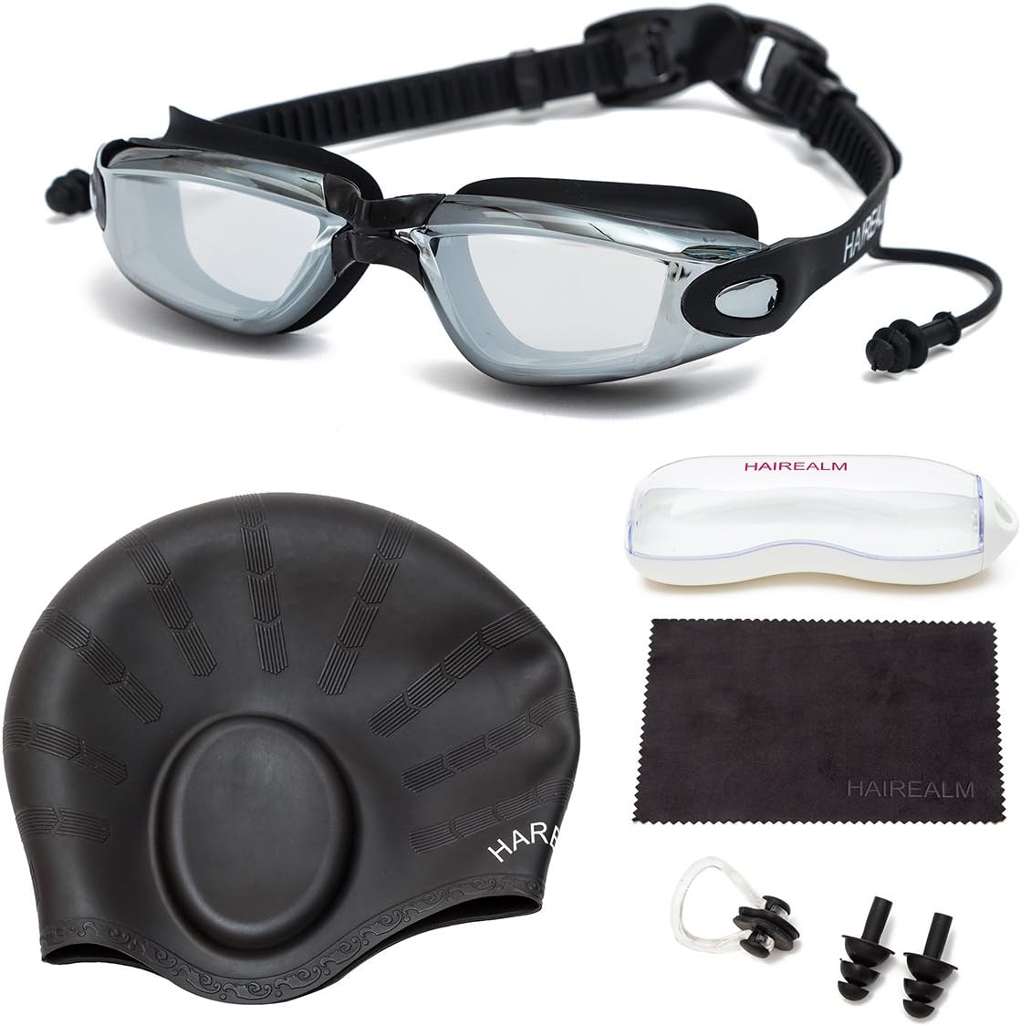 HAIREALM Prescription Swimming Goggles(Myopia 0-8.0 Diopters),Corrective Nearsighted Swim Goggles+Swimming Cap+Nose Clip+Ear Plugs, No Leaking Anti-Fog UV Protection for Adult Men Women Youth Kids