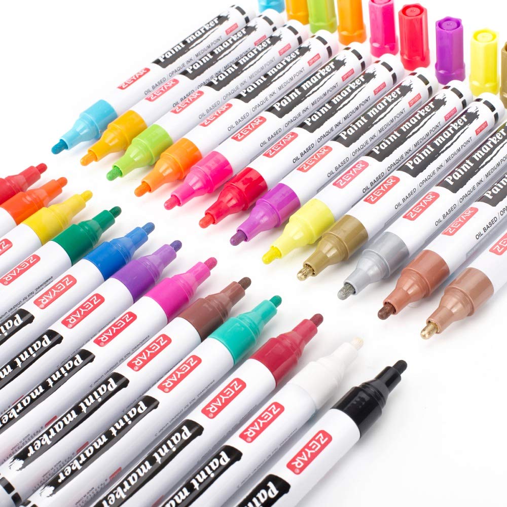 ZEYAR Oil-Based Paint Markers for Rock Painting, Medium Point, Waterproof & Permanent Ink, 24 Colors, Oil-Based, Expert of Rock, Wood, Fabric, Plastic, Canvas, Glass, Mugs and more