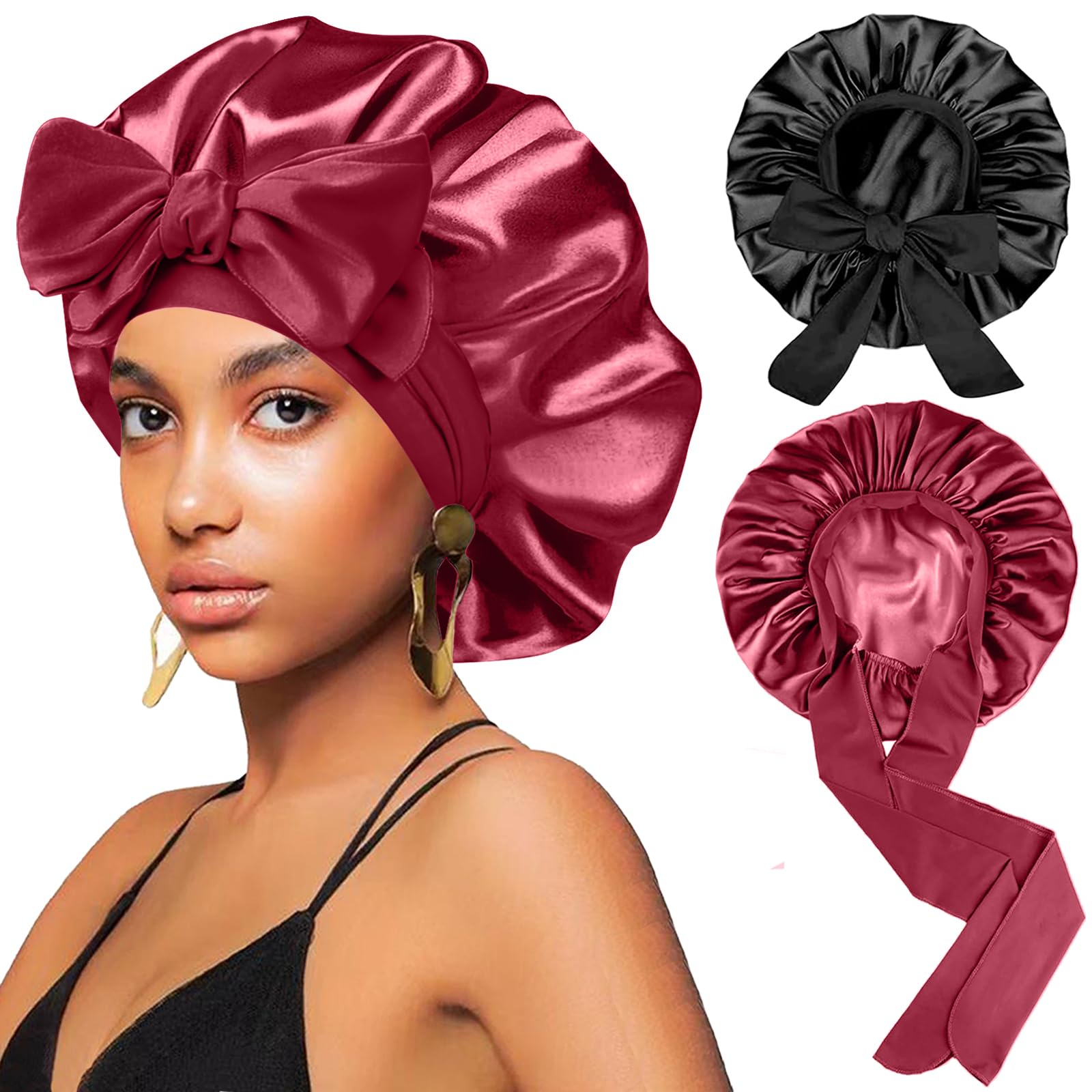 Photo 1 of 2Pcs Silk Hair Satin Bonnet for Sleeping Women,Large Satin Sleep Bonnets for Women with Elastic Tie Band Silk Hair Wrap with Ajustable Straps,Night Sleep Cap for Curly Braids,Black+Wine Red