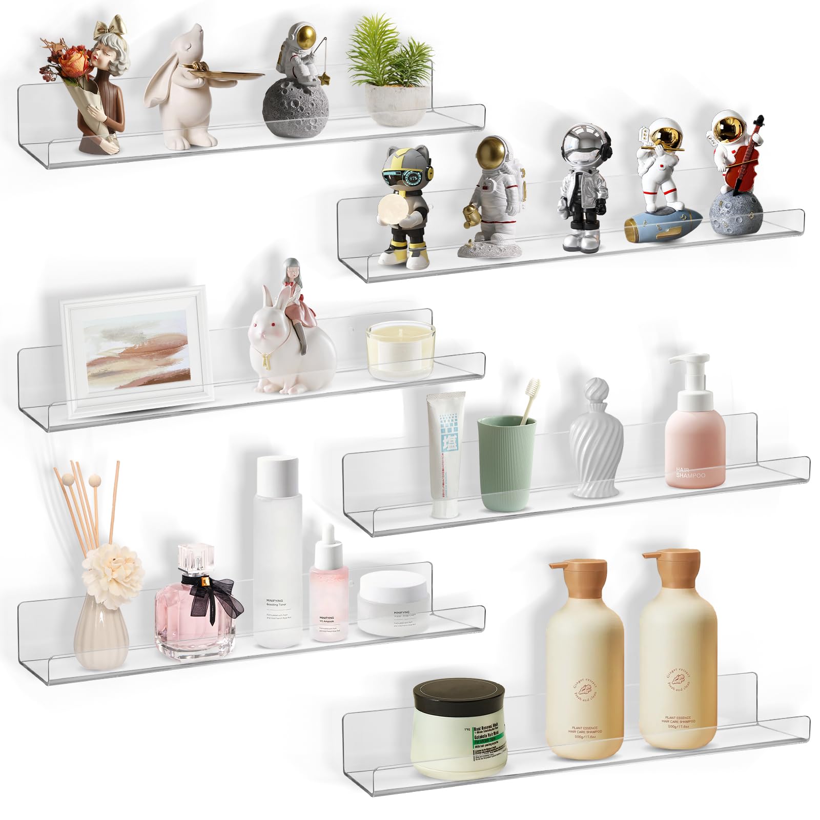 Boxalls Acrylic Clear Shelves - 6 Pack, 15 Inches Wall Storage Organizer Floating Shelf for Bathroom, Bedroom, Kitchen Variety Room, High Transparency Acrylic Waterproof Shelves