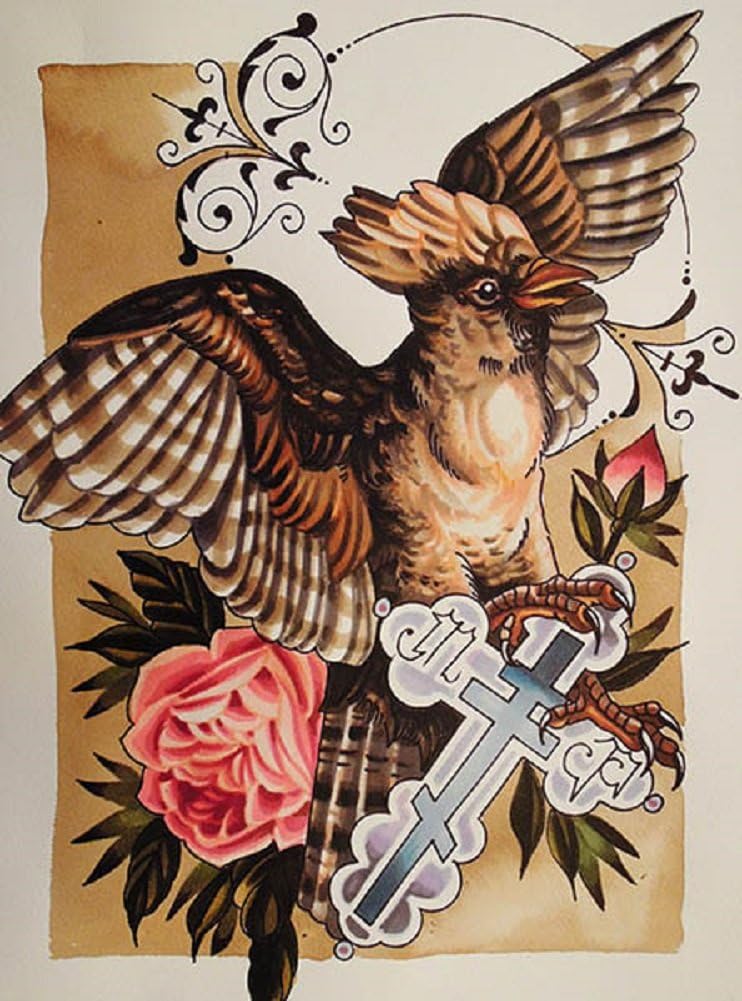 Amazon Com Desent By Alex Mister P Bird With Tattoo Cross And Roses Canvas Art Print Posters Prints