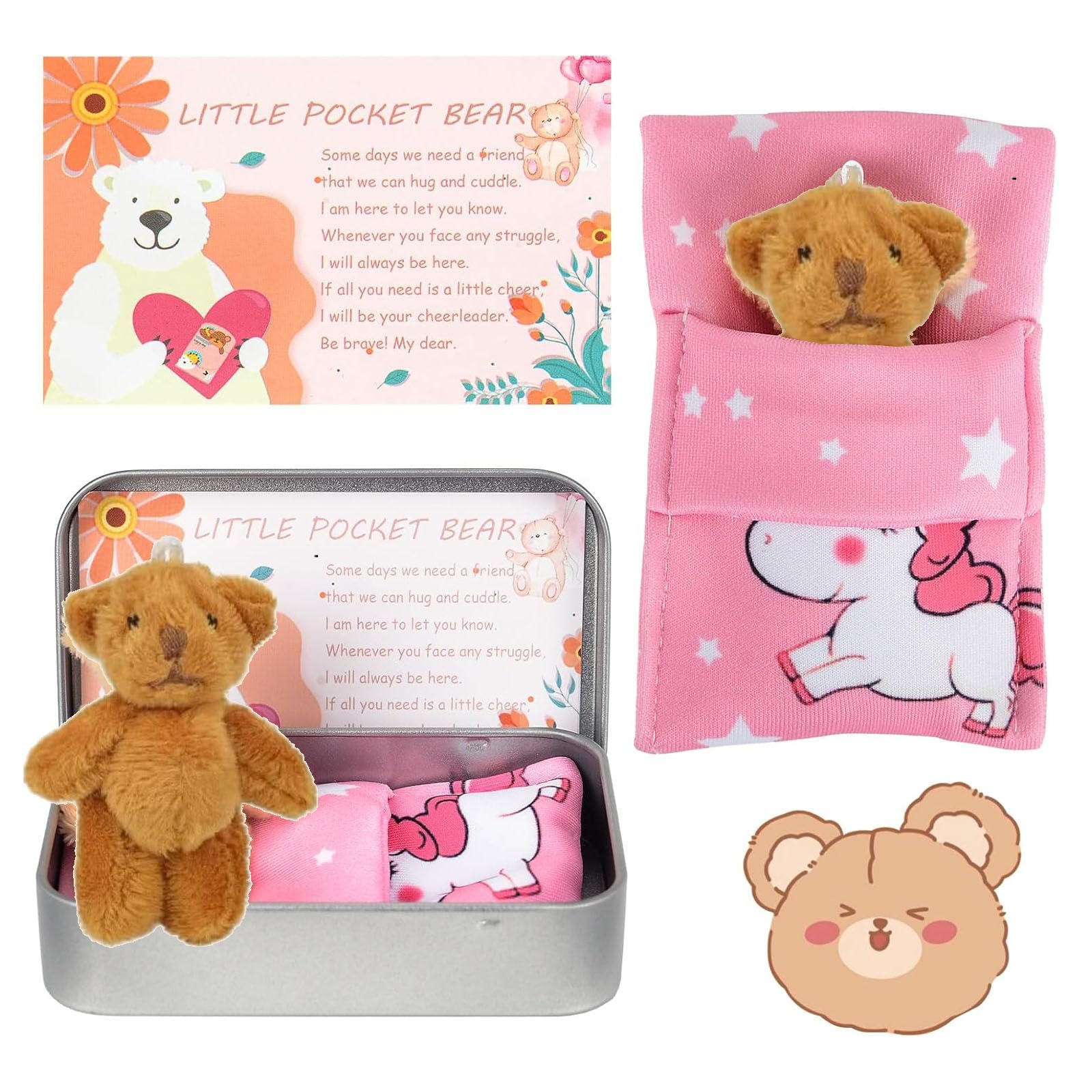 COLEESON Pocket Bear in Tin Box, Worry Bear Plush Toys, Stuffed Animal Teedybear Cute Doll, First Day at School Good Luck Gift Inspirational Positive Ornaments Gift for Kids Women Friend (A)